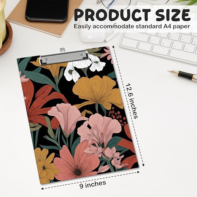 APIILVPQ Boho Clipboard，Floral Clipboards with Low Profile Clip for Office School Use, Botanical Wooden Clip Boards for Nurses Teachers Students - A02