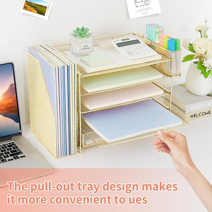OPNICE Desk Organizer, 5-Tier Paper File Organizer with Drawer & Pen Holder, Office Desk Accessories, Workspace Desktop Organizer for Office Supplies(Gold)