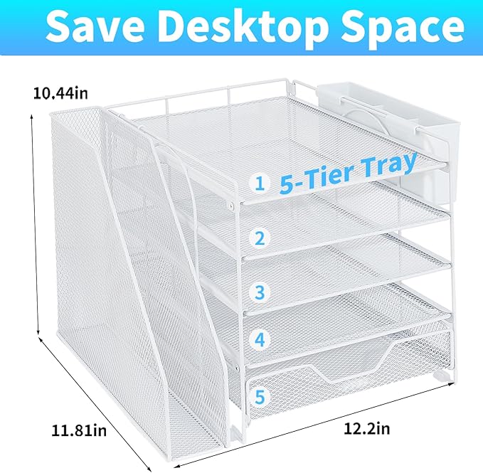 Gugsey Desk Organizer, 5-Tier Paper Letter Tray Organizer with File Holder, Drawer and Pen Holder, Desktop Organizer for Office Supplies, White
