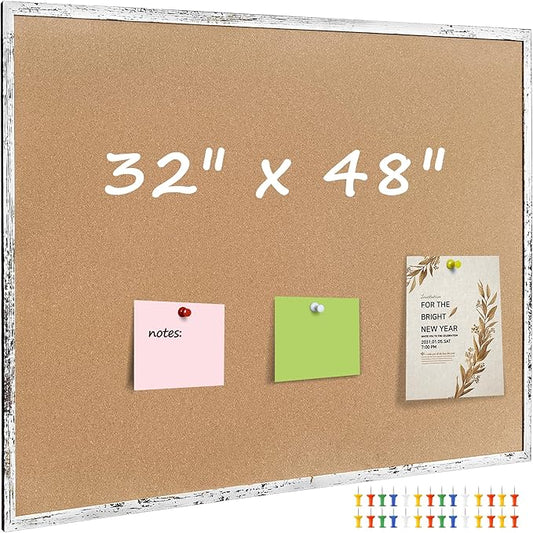 Cork Bulletin Board, 48 X 32 Inches White Framed Message Vision Board, Large Wall Mounted Notice Memo Pin Board with 28 Push Pins