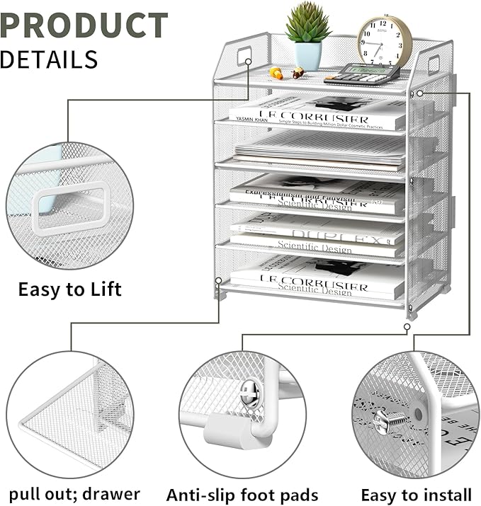 6 Tier Desk Organizer, Heavy-Duty Thick Metal Letter Tray Organizer, Large Capacity Desktop File Organizer for Heavy Files, Easy to Assemble for Home, Office & Classroom,Black,White