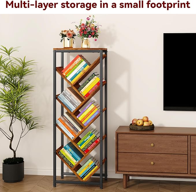 IBUYKE 9 Tier Tree Bookshelf, Floor Standing Wood Bookshelf for Narrow Space, Storage Organizer Bookcase for Books/CDs/Movies, Small Corner Bookcase for Bedroom Living Room,Rustic Brown,TBC002H