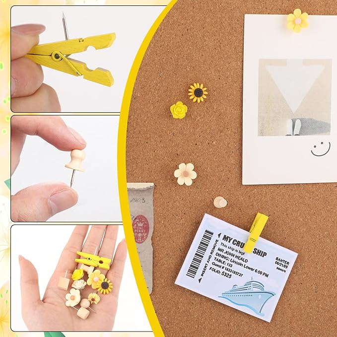 78 Pieces Push Pins Set Cute Thumb Tacks Decorative Flower Push Pins for Wall Cork Board Bulletin Boards with Storage Box（Yellow Style）