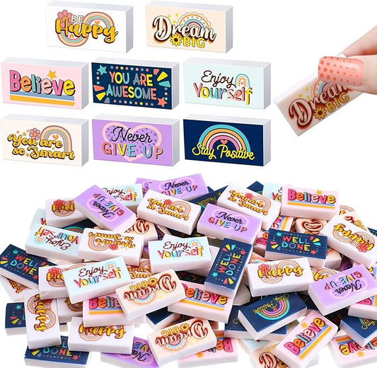 Dunzoom 100 Pcs Inspirational Pencil Erasers Bulk for Kids Fun Motivational Eraser School Supplies Back to School Office Supplies for Classroom Office Teacher Artists (Boho)