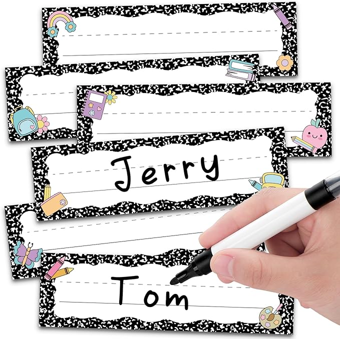 AmazingSpark 72 Pcs Composition Notebook School Name Tags for Classroom Desks in 6 Styles Composition Classroom Decor 9 x 3 Inches Desk Nameplates for Student Name Tag Labels Kindergarten Preschool