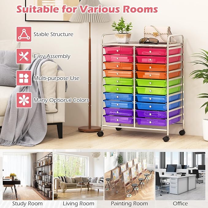 Happygrill 20-Drawer Organizer Cart Tools, Mobile Utility Storage Cart with Removable Drawers & Lockable Wheels, Rolling Storage Cart with wheels for Home Office School (Rainbow)