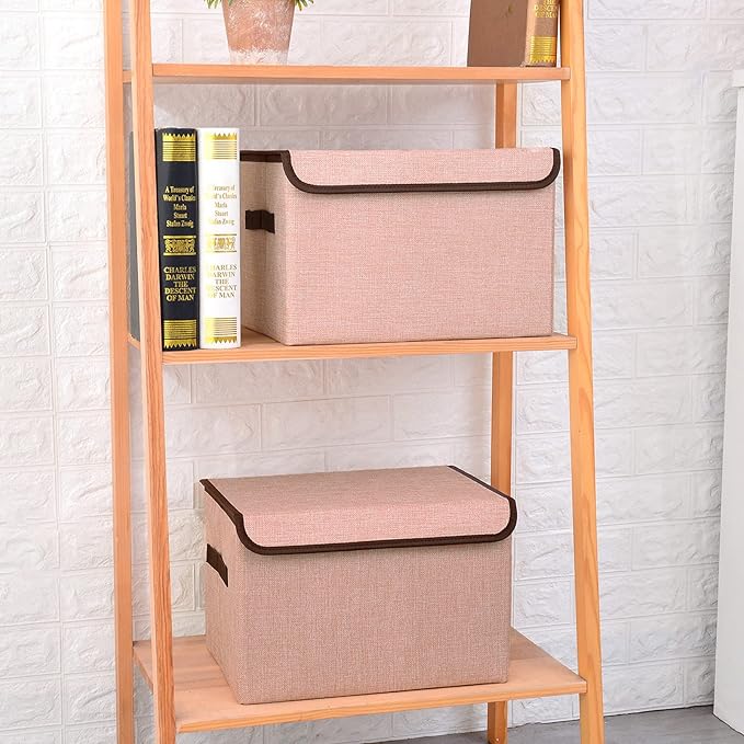 Bagnizer Linen Fabric Foldable Storage Cube Bin Organizer Basket with Flip-Top Lid & Handles, Large Clothes Blanket Box for Home, Office, Closet, Pink, 4 Pack 14.6 x 9.5 x 9.5”