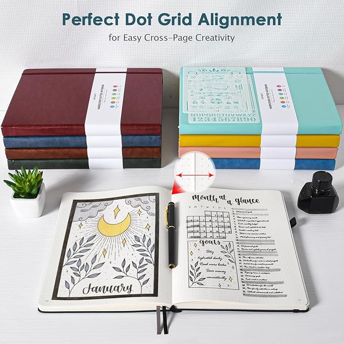OFFIGIFT Dotted Journal Notebook, 312 Numbered Pages Large B5 Hardcover Leather Notebook, 100gsm No Bleed Paper Dot Grid Notebook with Index Pages, Dot Journal for Women Men, 7.6'' X 10'', Grey Blue
