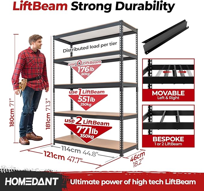 HOMEDANT 47.7" W 5 Tier Heavy Duty Garage Shelving Adjustable Metal Rack Storage Shelves Standing Shelf Unit Organizers Industrial Warehouse Basement Black 1Pack