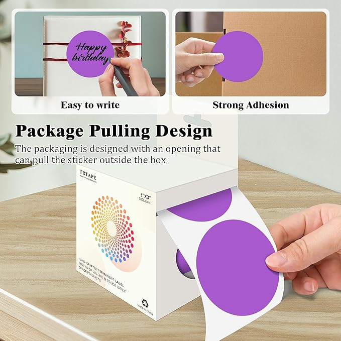 3 Inch Round Colored Dot Stickers, 2000 PCS, 4 Rolls in Dispenser Box - Purple Circle Color Coding Labels Dot Labels for Office, Home, Inventory Organizing