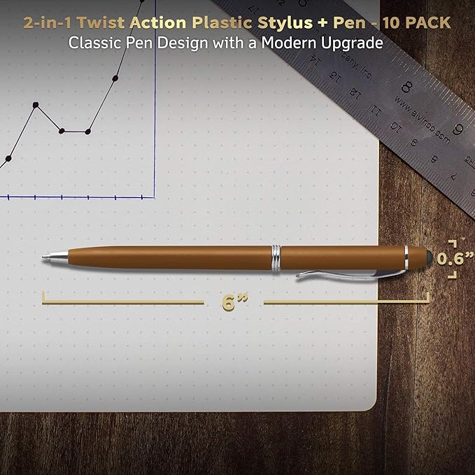 DISCOUNT PROMOS Twist Action Plastic Stylus Pens, Set of 10, Bulk Pack - Pens for Work, Cool Pens for Writing, Black Ink - Gold