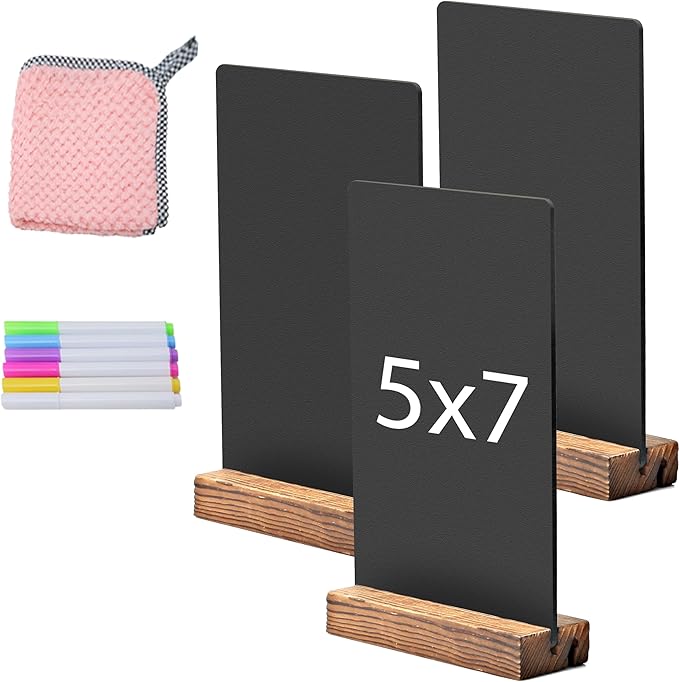 JDEA Desktop Chalkboard Sign Double-Sided Chalkboard with Wooden Base (3 Pack 7.9x5.1)