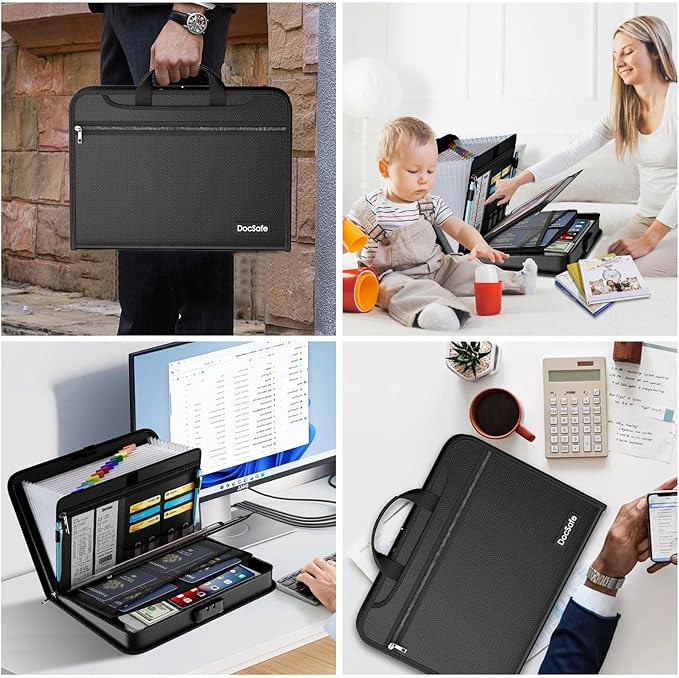 DocSafe Accordion File Organizer with Combination Lock,Fireproof Water Resistant Expanding File Folder with Multi Pockets,Document Organizer Home Office Travel Safe Storage for Letter Size Files,Black