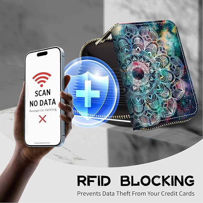 BWEGRHE Cute Credit Card Holder with Zipper, Art Mandalas RFID-Blocking Card Case Small Wallet for Women Men, Multi-slot Card Organizer Case Travel Accordion Wallet