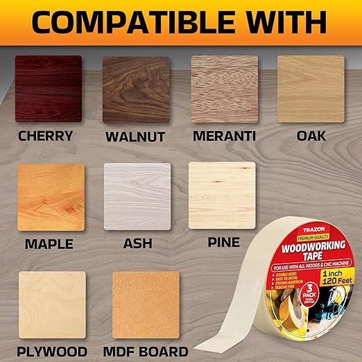 Trazon Double Sided Woodworking Tape Super Strong, 3 Pack, 1 Inch x 120 Feet, Wood Crafter Sticky Tool, Two Side Adhesive for Router Templates and CNC Machine, Removable & Residue Free