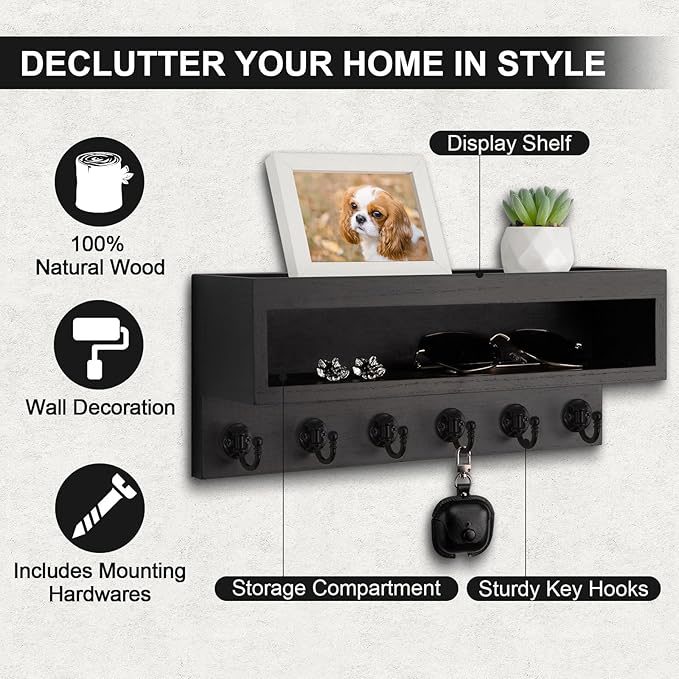 Lucundm Key and Mail Holder Wall Mount, Key Hanger with Long Storage Box and 6 Hooks for Coat, Dog Leash, Home Decor Rack, House Accessories, Entry Way Organizer (Black)