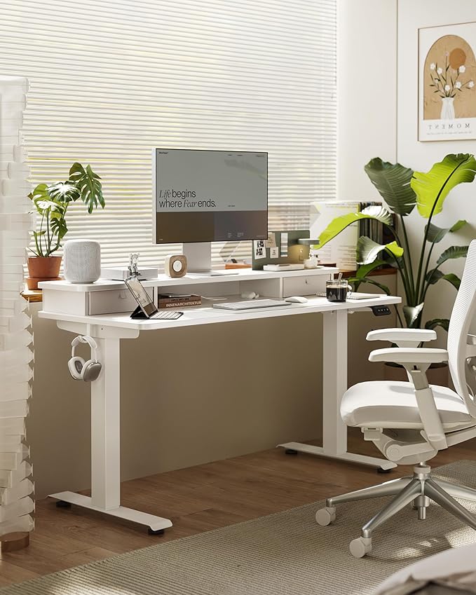FEZIBO 48 x 24 Inch Height Adjustable Electric Standing Desk with Double Drawer, Stand up Home Office Computer Desk with 4 Height-Adjustable Feets & 2 Hooks, White