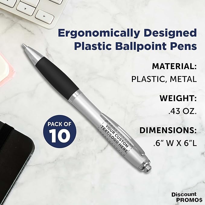 DISCOUNT PROMOS Personalized Ballpoint Pens With Rubber Grip, 10 pack Customizable Ergonomic Click-to-Write Custom Writing Pens for School with Black Ink, Black
