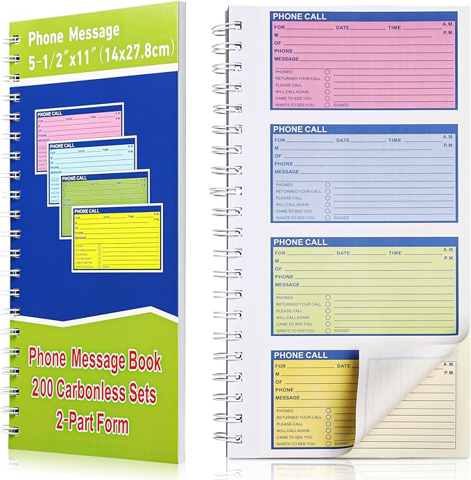 Sinmoe 1 Pcs Spiral Bound Phone Message Book with Carbon Copy 5-1/2" x 11" 2 Part Colorful Carbonless Telephone Message Pads Duplicate Spiral Phone Call Log Book for Business Office (Green,Blue)