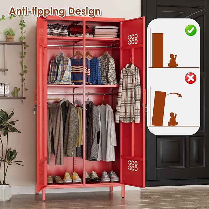 SUPEER 2 Doors Metal Storage Locker with Adjustable Shelves and 2 Hanging Rods, Metal Wardrobe Cabinet with Lock,Wardrobe Lockers for Home,Office,Assembly Required,Red