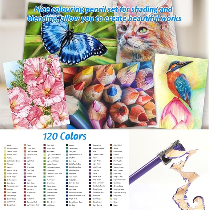 H & B Art Supplies, 120Pack Drawing Supplies for Adults, Color Kit with Holiday Drawing Book, Coloring Book, Oil-Based Coloured Pencils for Artists