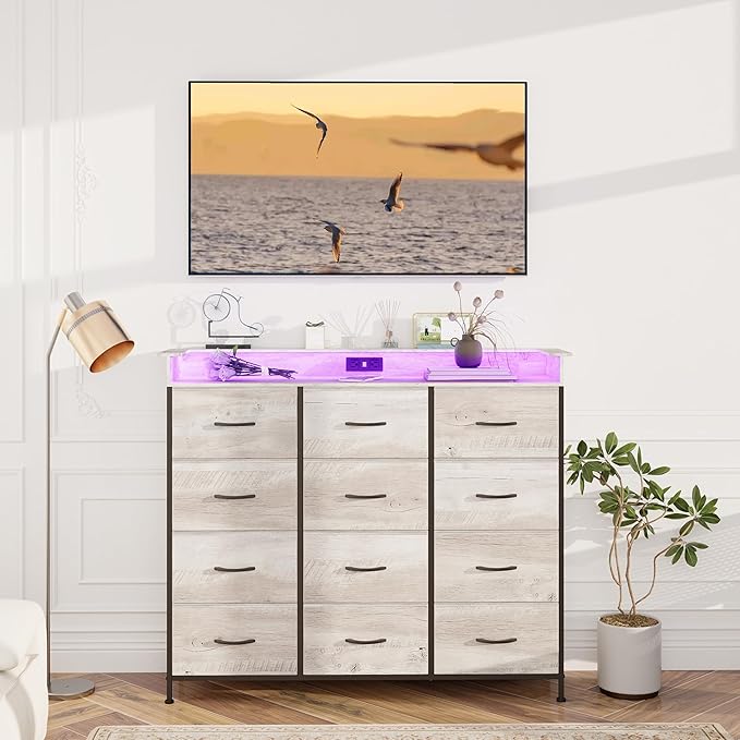 Welfuturer Dresser for Bedroom with 12 Drawers LED Dressers & Chests of Drawers Charging Station Fabric Dresser Storage Organizer Unit for Hallway Entryway Closets Sturdy Steel Frame Wood Top Gray