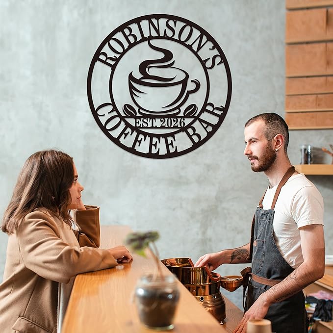 Personalized Coffee Bar Metal Sign, Custom Name Wall Art for Kitchen or Cafe, Coffee Station Decor, Housewarming Gift for Family or Couple, Custom Home Wall Ornament
