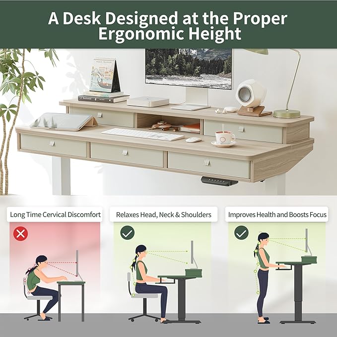 FEZIBO Height Adjustable Electric Standing Desk with 5 Drawers, 55 x 24 Inch Table with Storage Shelf, Sit Stand Desk White Frame/Light Walnut Top, 55 inch