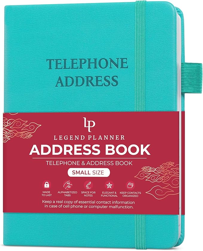 Legend Planner Address Book with Alphabetical Tabs – Mini Telephone Contacts Book for Phone Numbers, Addresses, Passwords, Small (Turquoise)