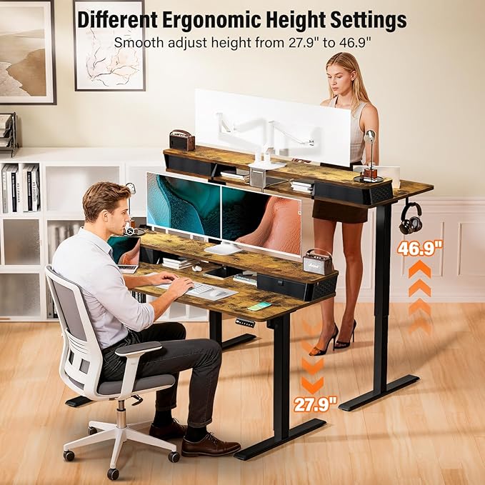 Kingant 48 x 24 Inch Electric Standing Desk with Dual Drawers, Height Adjustable Sit to Stand Computer Desk with Storage Shelf and C-Clamp Mount Compatibility for Home Office, Rustic Brown