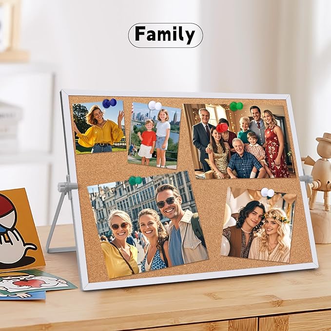 kdafio 11.81"×15.74" Cork Board Bulletin Board, Double Sided Pin Board with Silver Aluminum Border, Desktop Small Cork Board with Stand Suitable for Home, Office, Desk Message Board or Picture Board