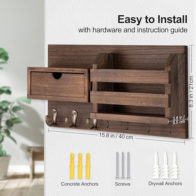 Lwenki Wall Mount Key Holder with Mail Organizer, 100% Paulownia Wood, 7 Metal Hooks, Storage Drawer, Entryway Home Decor (Brown)