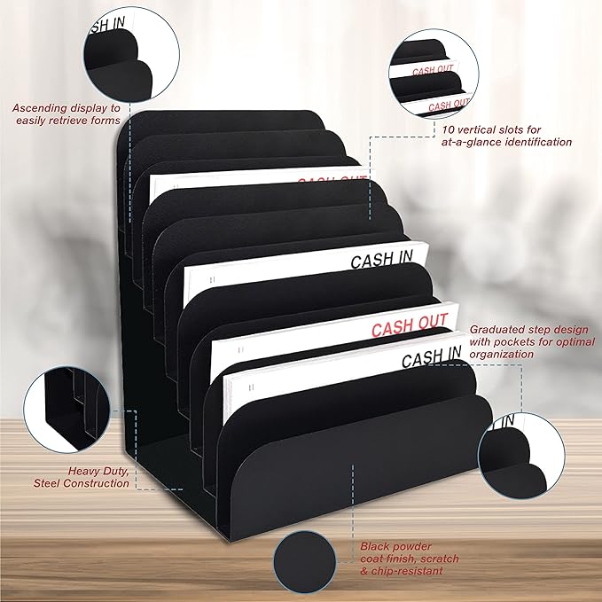 BankSupplies STEELMASTER Steel Cashier Pad Rack, 10-Slot Desktop File & Paper Organizer, Black Powder-Coated Finish, Scratch & Chip-Resistant, Deposit Slips, Checks & Forms Organizer