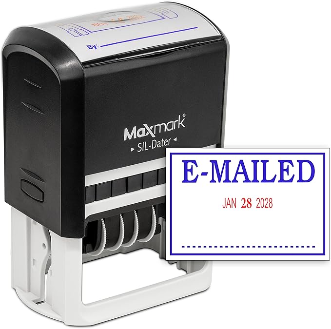 MaxMark Large Self-Inking Rubber Date Office Stamp with E-Mailed Phrase & Date - Blue/Red Ink, 12-Year Band - Style 3