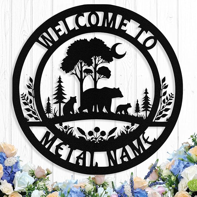 Custom Bear Metal Sign, Custom Bear Metal Wall Art Decor, Personalized Last Name Welcome Signs for Home, Rustic Farmhouse Black Wall Decor for Cabin, Outdoor Porch
