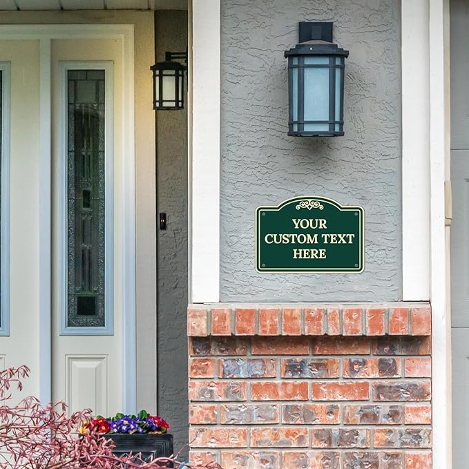 Custom Decorative Sign, Personalized Metal Sign for Business, Driveway, Home, Airbnb, Office Door Plaque, Green Background Sign 14x10 Inches, ACM, Fade Resistant, Made in USA by Sigo Signs