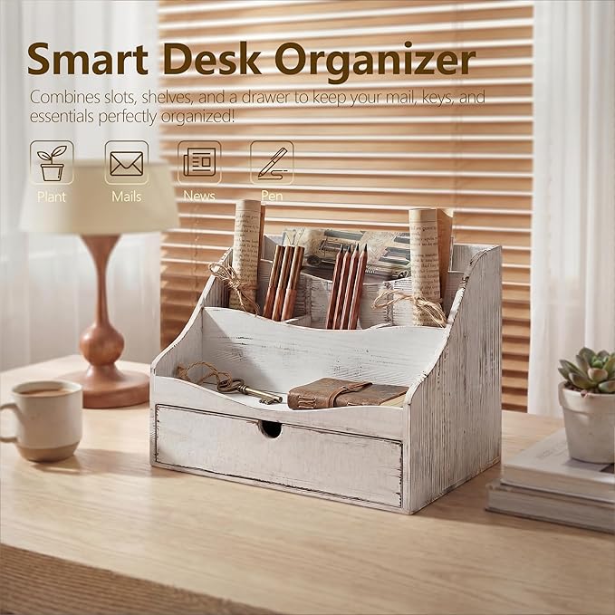 Pine Wood Mail Organizer for Desk - Charming Farmhouse Countertop Mail Sorter for Office Desk & Home Decor - Wooden Letter Organizer with Drawer & Dividers for Room Organization(Whitewash)