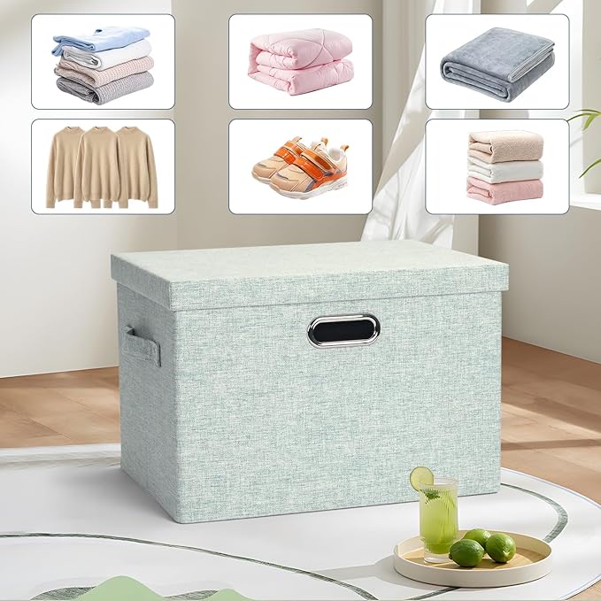 Graciadeco Large 17" 36 Quart Collapsible Stackable Storage Bins with Lids, 3 Packs Light Green Linen Fabric Closet Boxes with Lids, Storage Cube Baskets Container Organizers for Office (17x12x11)