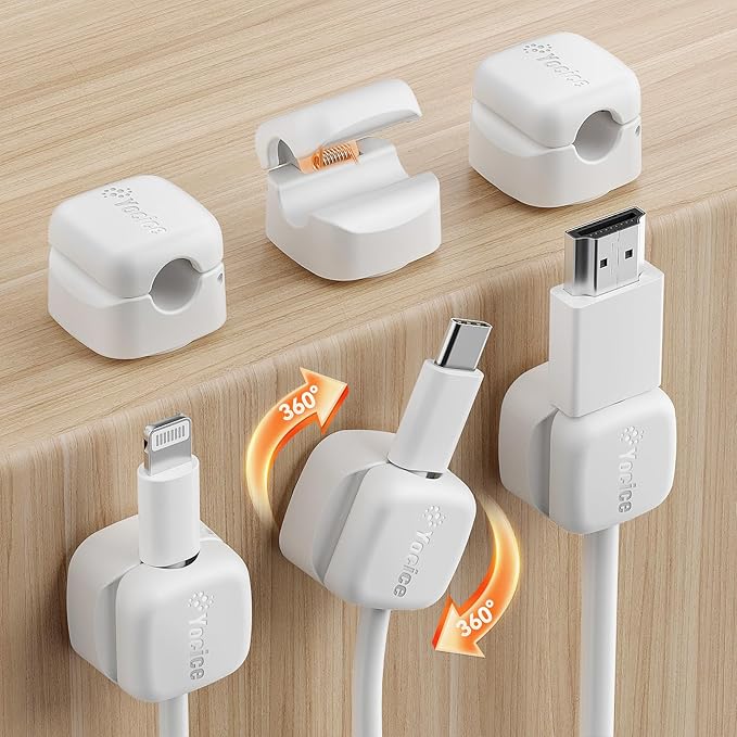 Yocice 6Pack Rotatable Cord Organizer,Spring Cable Clips Desk Cable Management Cord Holder Adhesive Phone Charger Cord Clips for Home Office Car Wall Nightstand Accessories, White