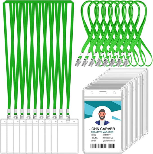 100 Pcs Clear Vertical Badge Id Card and 100 Pcs Lanyard, Reusable Lanyards for Id Badge Holder Name Tag Badge Holder with Lanyards for Adults Kids Business School Conferences (Green)