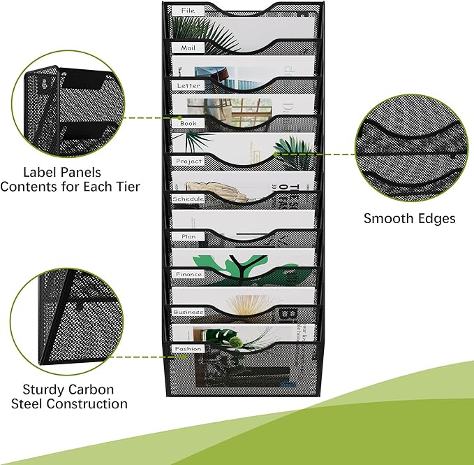 EasyPAG 10 Pocket Mesh Wall File Organizer, Hanging Paper Folder Holder with Classify Label, Vertical Wall Mount Mail Organizer for Office Home Classroom, Black