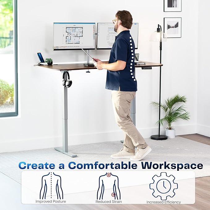 VIVO Electric 63 x 32 in Rustic Standing Desk, Memory Height Adjustment, 1B Series, Holds 220 lbs, Vintage Brown Top Gray Frame, DESK-KIT-1G1N