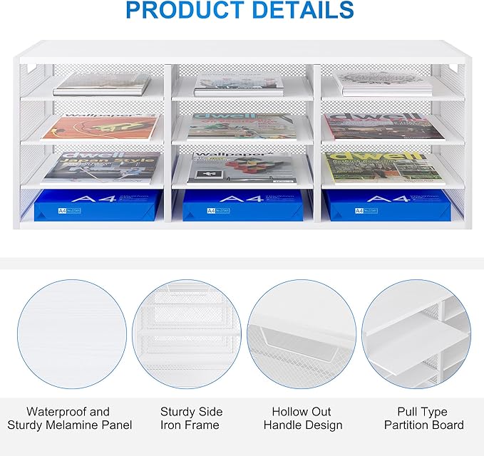 PAG-Mass Mail Sorter Adjustable Countertop Mail Holder, Heavy Duty Literature Organizer, Student Mailbox for Classroom, Desktop Bill Paper Organizer for Office Home School, 12 Compartments, White