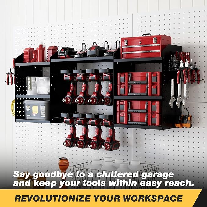 VDEVY Power Tool Organizer Wall Mount with Charging Station, Heavy-Duty Metal Garage Tool Storage Rack & 8 Outlet Power Strip, 51 Inch 3 Tier 8 Bin Shelves for Workshop Organization