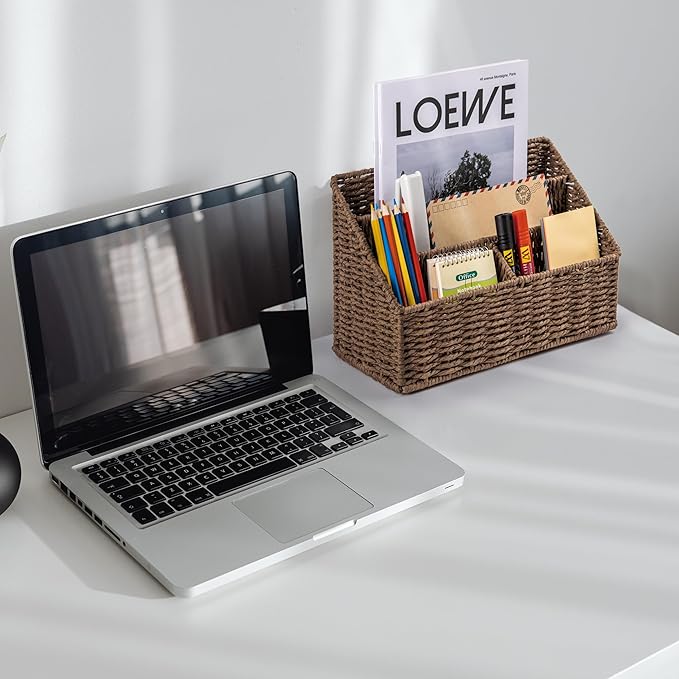 DINGTAI Woven Mail Organizer, Mail Organizer Countertop, Natural Tabletop Mail Holder, Rattan Desk Organizer, Boho Office Desk Accessories, Mail Basket for Bill Mail Papers Letters(Brown)