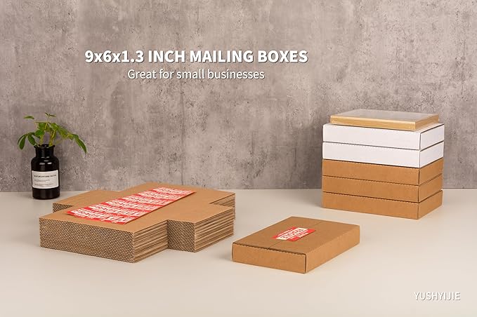 YUSHYIJIE 50 Pack 9x6x1.3 inch Small Shipping Boxes, Multi-Depth Flat Cardboard Boxes with Fragile Stickers for DVD Shipping, Packing, Moving, Storage, Brown