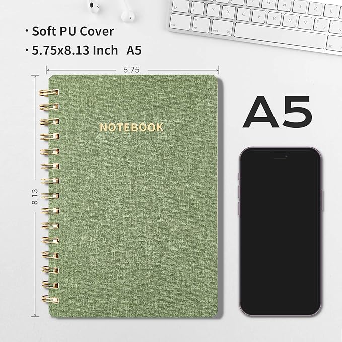 Spiral Notebook-5.75" x 8.125" College Ruled Journal with Inner Pockets and 160 Pages,PU Leather Cover Business Journal, Twin-Wire Binding Notebook Perfect for Office & Home School Supplies Army Green