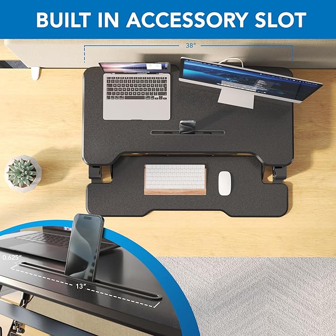 Mount-It! 38" Standing Desk Converter, Desktop Sit-Stand Desk Riser with Gas Spring Height Adjustment, Compact Desk Topper for Dual Monitors or Laptop, Keyboard Tray, Black
