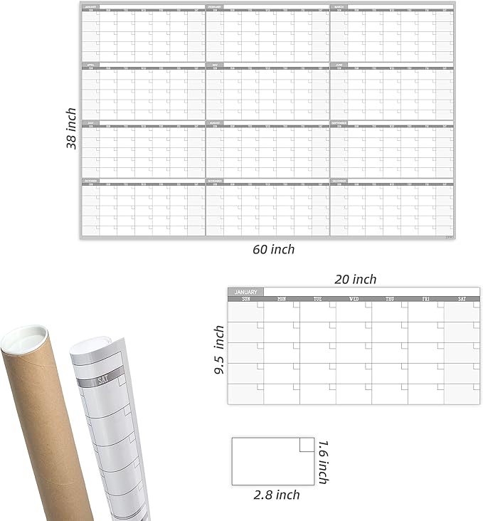 Large Dry Erase Wall Calendar - 60“ x 38" Undated Blank Yearly Planner - Giant Whiteboard 12 Month Poster - Premium Laminated Calendar for Classroom, Office, Project & Family Schedule