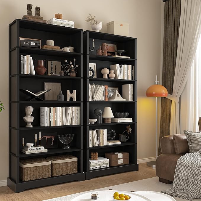 TVU 6-Tier Wooden Bookshelf, 77.2" Tall Farmhouse Style Open Bookcase, 31.5" W Standing Book Shelf with Storage, Suitable for Study, Living Room, Office, Blcak
